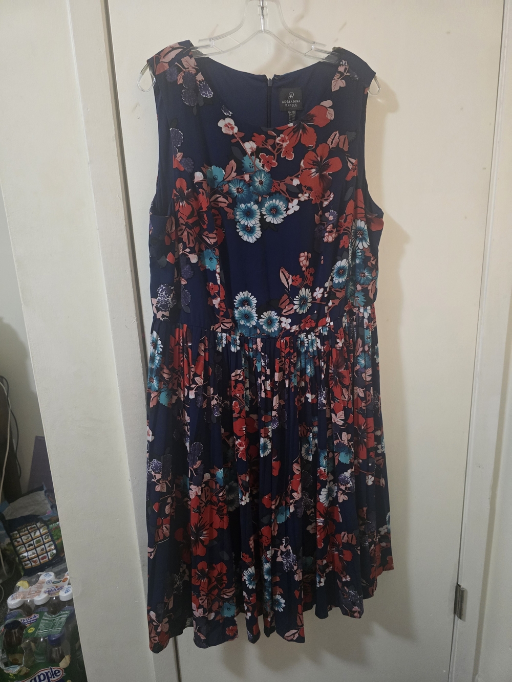 Adrianna Papell Navy Blue Floral Pleated Midi Dress – Size 14R